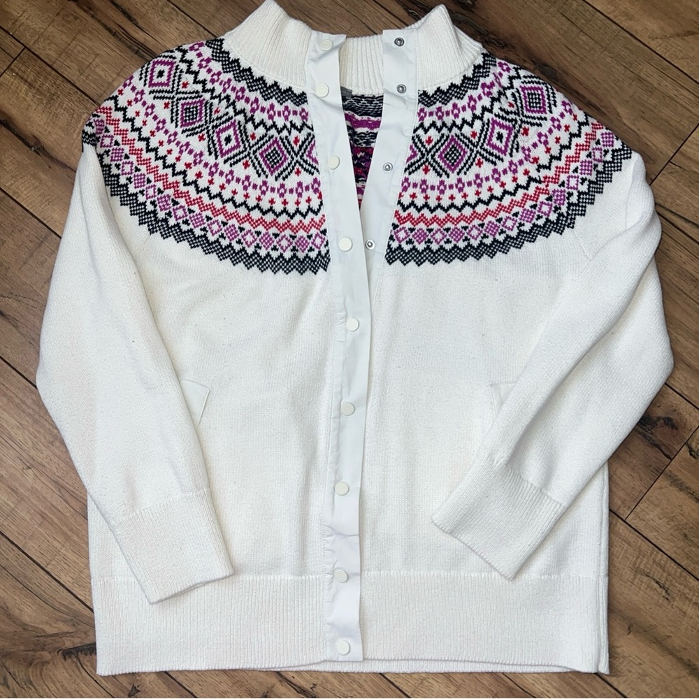 Sz Large Talbots Cardigan Sweater White Cotton Blend, Snaps In Front Mock Neck